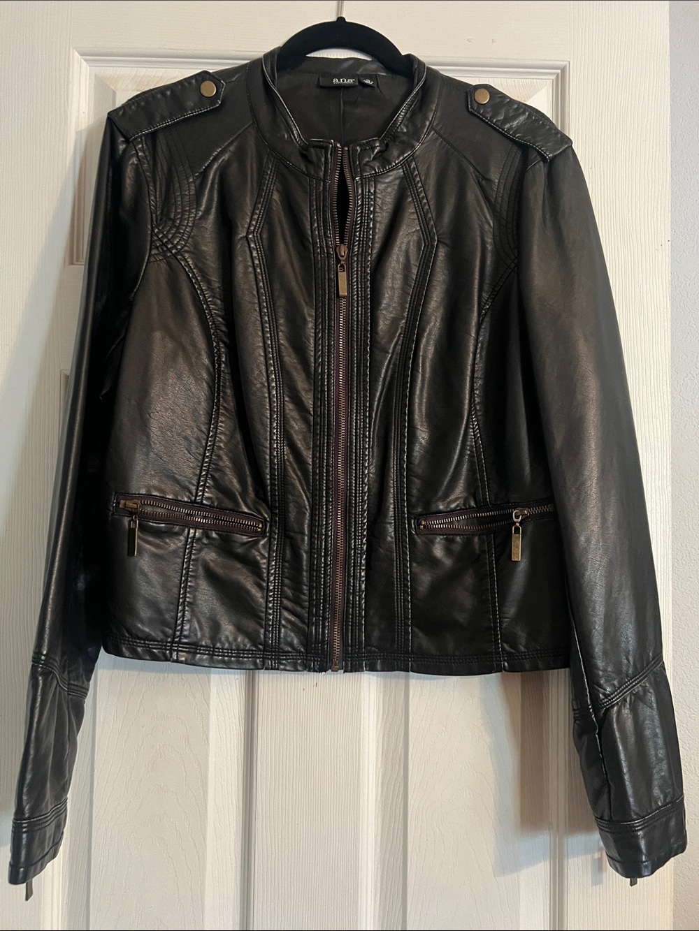 a.n.a Faux Black Leather Zip-Front Jacket